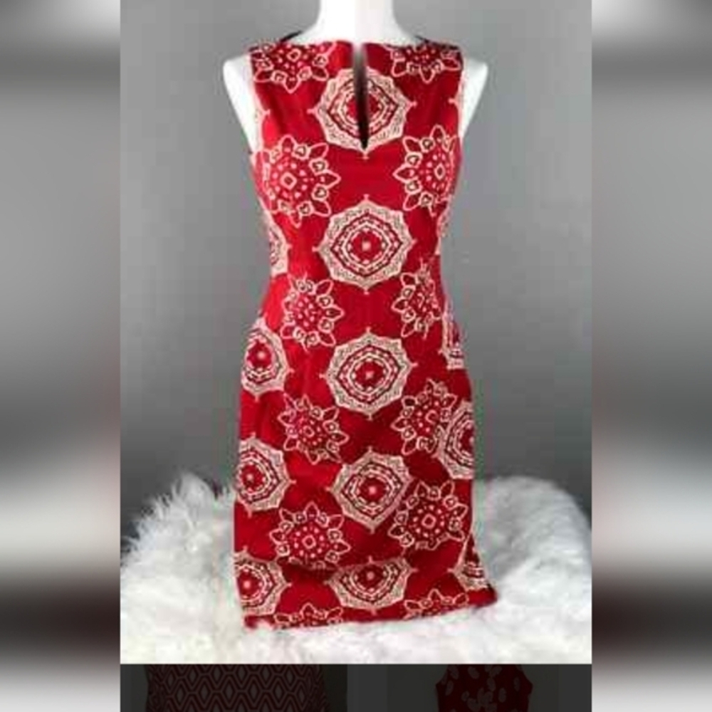 David Meister Red and White V-Neck Sheath Midi‎ Dress